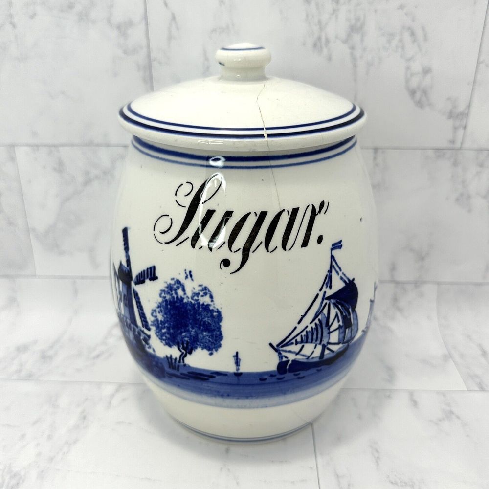 Vintage GMT & Bros. Blue White Delft Style Windmill Porcelain Spice Jar Sugar